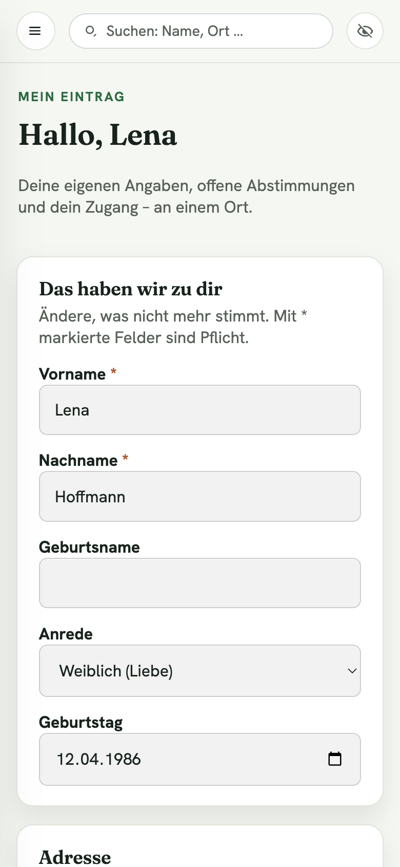 Mobile Ansicht der Selbstauskunft „Mein Eintrag“