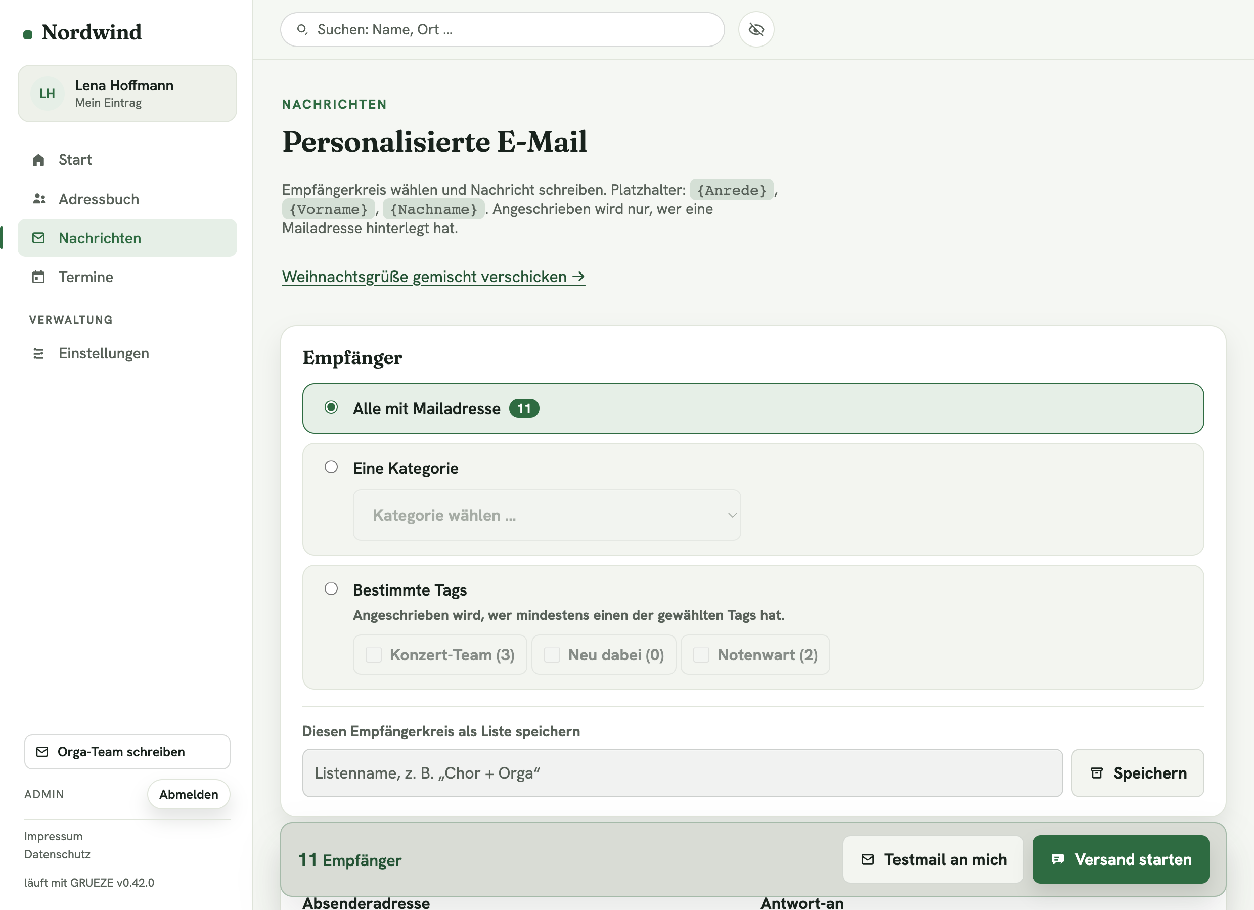 Formular für personalisierte E-Mails mit Empfängerkreis-Auswahl