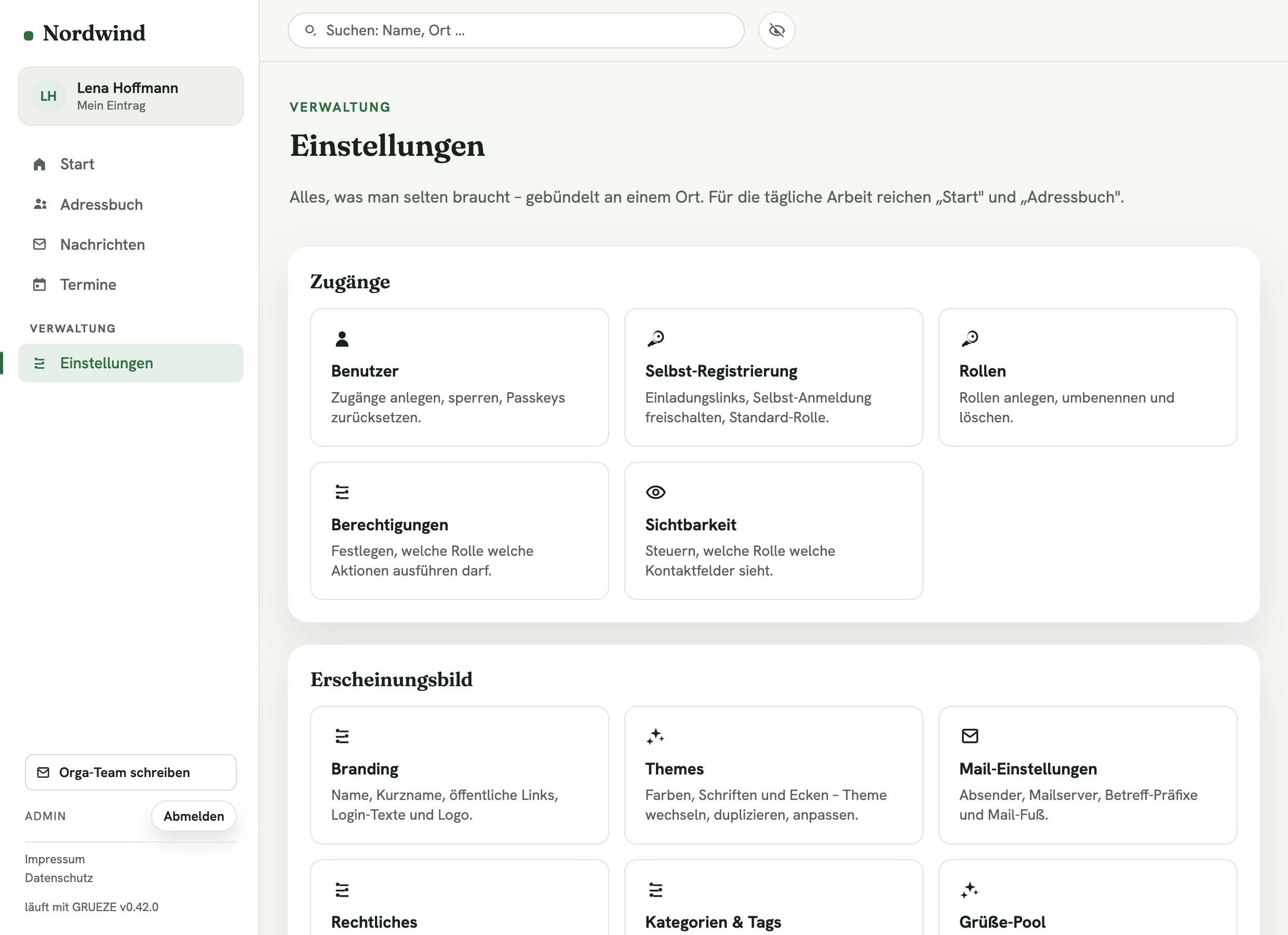 Verwaltungsbereich mit Zugängen, Berechtigungen und Erscheinungsbild